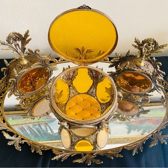 ormolu Other - Antique Vanity French Ormolu Hollywood Regency Gold Filigree Beveled Amber Glass